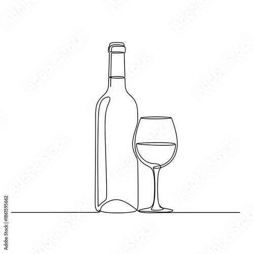 Wine bottle and glass in minimal line art style for Trifon Zarezan or wine-themed visuals