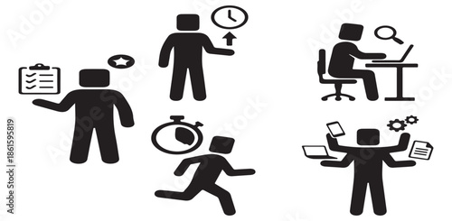 Collection of business icons representing tasks, time management, and multitasking in a professional environment.