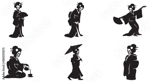 Set of six black silhouettes of Japanese geishas in traditional kimonos performing various activities.