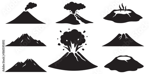 Collection of stylized black silhouettes of volcanoes in various states of eruption and dormancy.