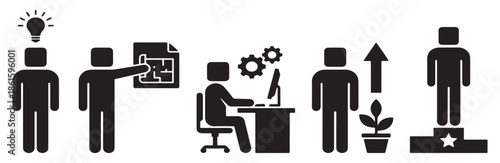Set of icons representing business growth, idea generation, teamwork, and success in a professional environment.