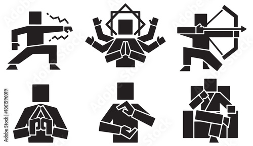 Set of six stylized black icons representing different martial arts poses and spiritual gestures.