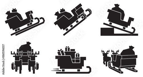 Collection of six black silhouette icons representing Santa's sleigh with gifts and reindeer in various poses and perspectives.