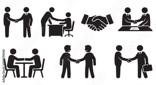 Collection of business handshake icons representing agreement, partnership, and successful negotiation in various settings.