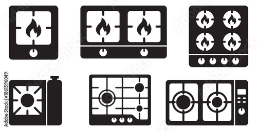 Collection of gas stove icons with flames, representing cooking and kitchen appliances.