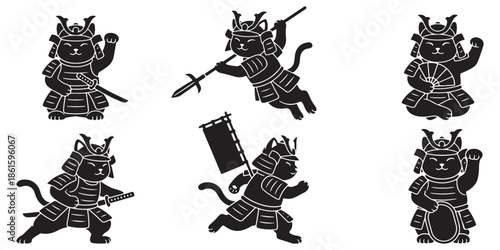 Set of six black silhouette illustrations of cats dressed as samurai warriors in various poses.