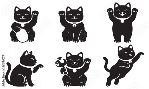 Set of six black Maneki Neko cats in different poses, traditional Japanese lucky charms.