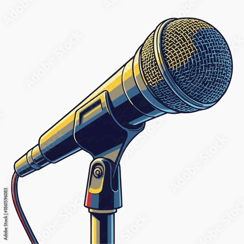 A professional microphone on a stand against a clean white background