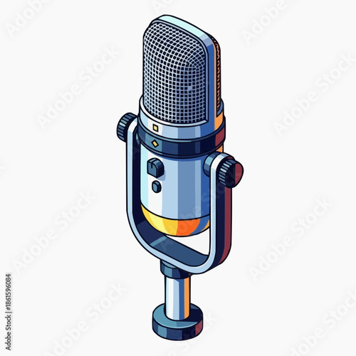 A colorful illustration of a vintage microphone on a stand