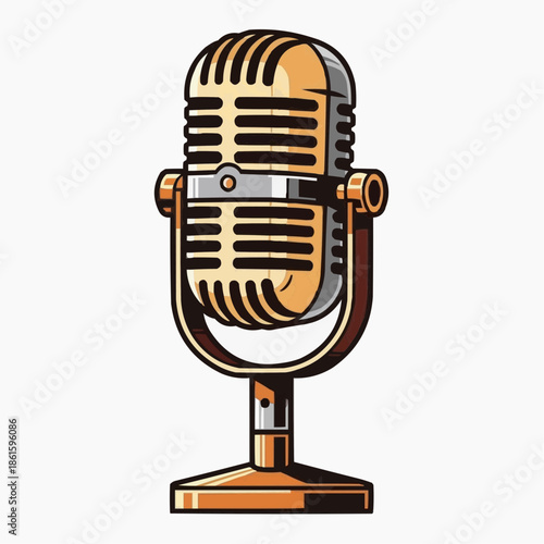 A vintage microphone on a stand against a plain background