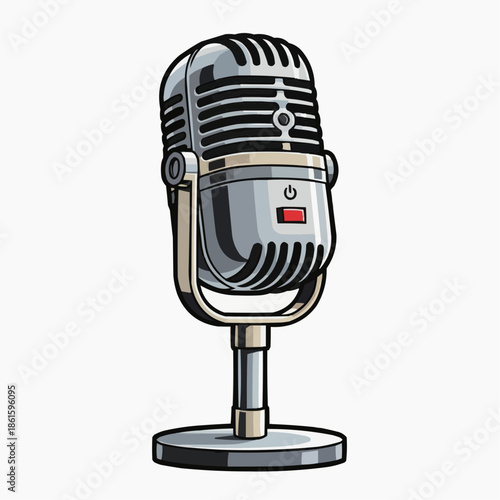 A vintage microphone on a stand against a plain background