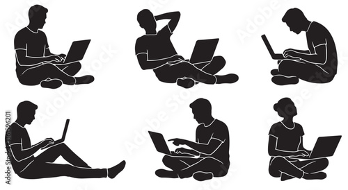 Collection of Silhouettes of People Sitting and Working on Laptops.