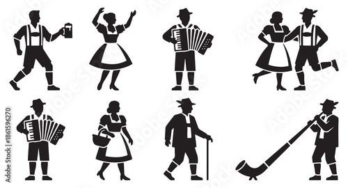Collection of Bavarian people in traditional clothing, dancing and playing music, celebrating Oktoberfest.