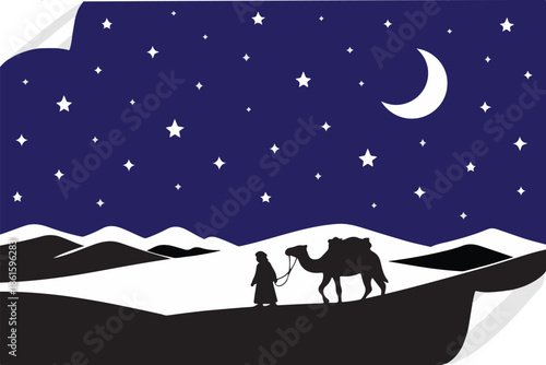 Desert Silhouette Illustration. Bedouin with Camel under Starry Night Sky and Crescent Moon