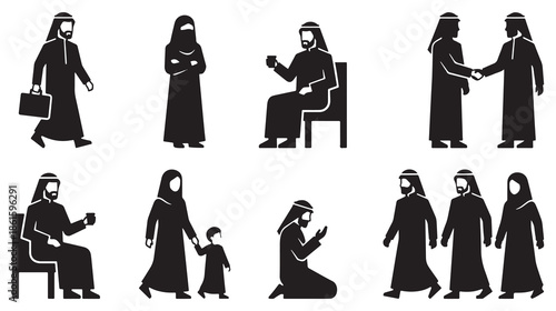 Collection of Silhouette Icons Representing Arab People in Various Daily Activities and Professions.
