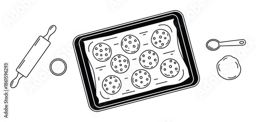 Принти на полотні Baking cookies with sheet, roller, dough and spoon graphic illustration