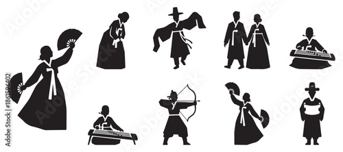 Collection of Korean traditional culture icons including dancers, musicians, archer, and couple in Hanbok.