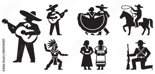 Collection of Silhouettes Representing Mexican Culture and History, Including Musicians, Dancers, and Historical Figures.