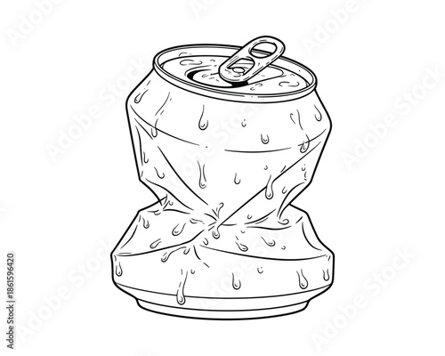 Crushed aluminum can vector line art illustration with drips on transparent background