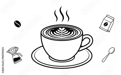 Cup of coffee with coffee beans and package vector illustration on transparent background