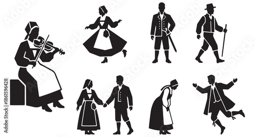 Silhouettes of people in traditional folk costumes, dancing and playing music.