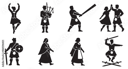 Collection of Scottish cultural icons and traditional figures in silhouette, representing dance, music, and combat.