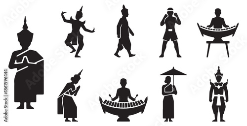 Collection of Thai cultural icons and traditional figures in silhouette, representing dance, martial arts, and daily life.