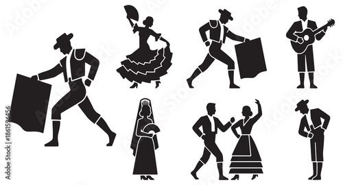 Collection of Spanish cultural icons including matadors, flamenco dancers, and a guitarist, depicted in silhouette.