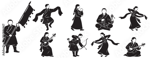 Collection of stylized black and white illustrations depicting traditional Asian cultural activities and figures.