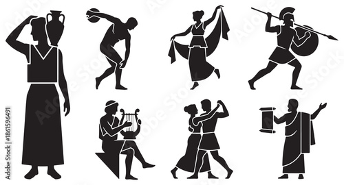 Collection of ancient Greek figures engaged in various activities like dancing, playing music, and sports.