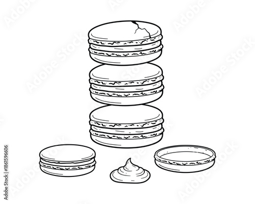Hand drawn sketch of macarons and cream in vintage style dessert sweets vector illustration