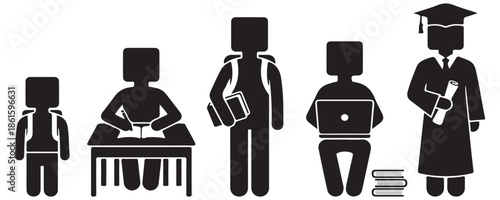 Diverse group of students in silhouette, representing different stages of education from school to graduation.