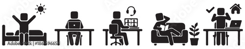 Icons depicting a person's daily routine from waking up to working from home and relaxing.