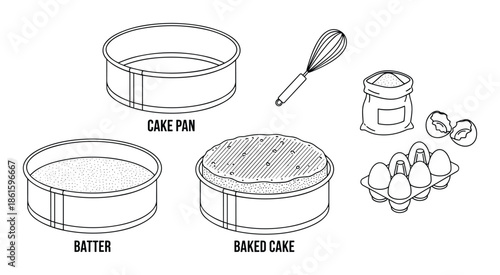 Isometric cake pan baking set with ingredients vector illustration design