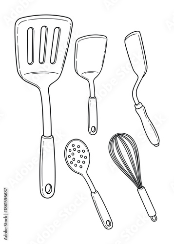 Kitchen utensils doodle vector outline illustration featuring spatula spoon and whisk