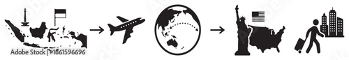 Conceptual illustration of international travel from Indonesia to the United States, depicting flight, global journey, and arrival in a city.