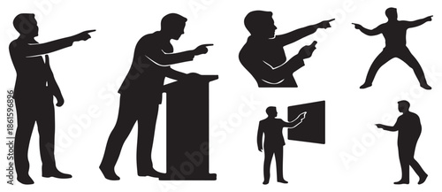 Collection of silhouette illustrations of businessmen in various poses, pointing and presenting ideas.
