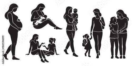 Collection of black silhouette illustrations depicting mothers and children in various stages of life and activities.