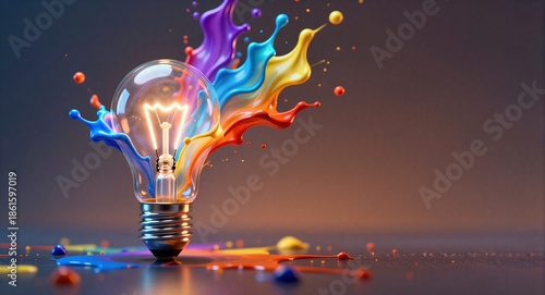 Colorful paint splashes surround glowing light bulb, symbolizing creative inspiration and innovation.