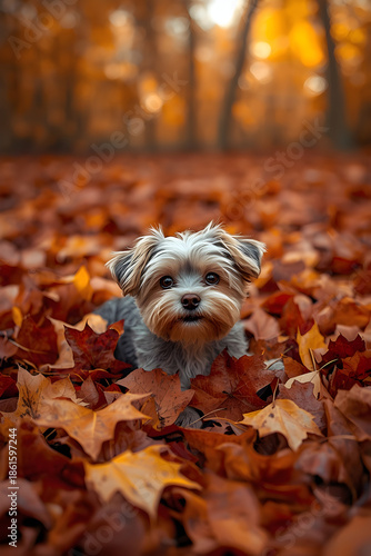 dog in autumn leaves