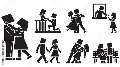 Collection of stylized couple icons representing different relationship stages and activities.