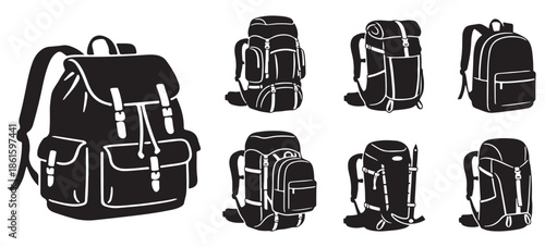 Collection of black silhouette illustrations of various hiking and camping backpacks, perfect for outdoor adventure themes.