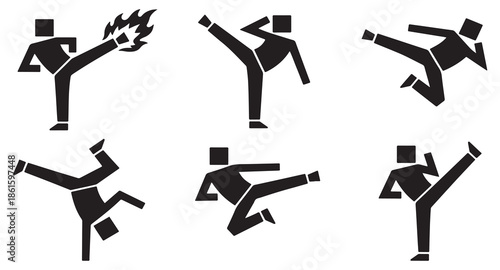 Set of six stylized icons depicting martial arts combat poses and fighting techniques.