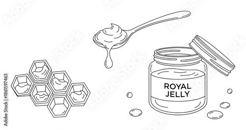 Royal jelly with honeycombs and spoon in vector line art illustration style