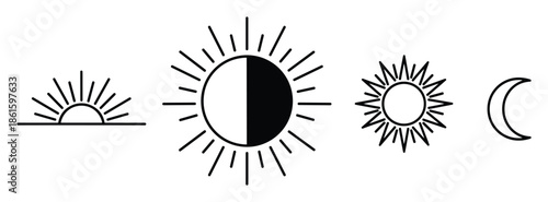 Set of celestial line art sun and moon boho illustration on transparent background