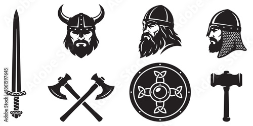Collection of Viking warrior symbols including swords, axes, helmets, shields, and hammers.