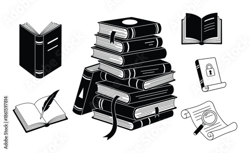 Stack of books literature vintage and scroll with magnifying glass vector illustration