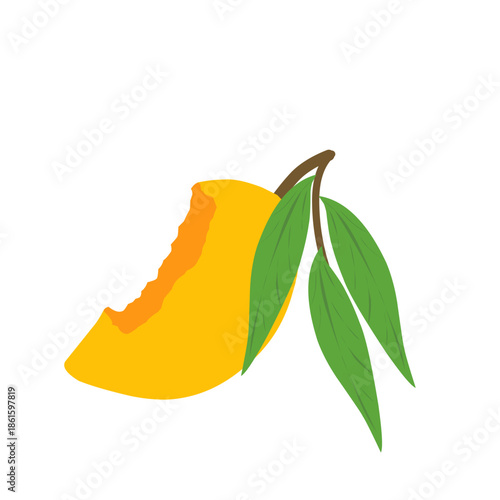 Mango fruit illustration. Bitten mango fruit. Flat design of mango fruit. Fruit illustration. Mango fruit vector with green leaf