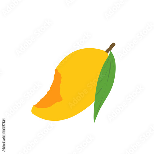 Mango fruit illustration. Bitten mango fruit. Flat design of mango fruit. Fruit illustration. Mango fruit vector with green leaf