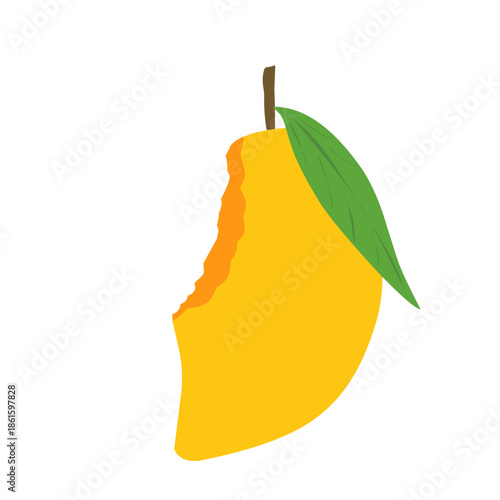 Mango fruit illustration. Bitten mango fruit. Flat design of mango fruit. Fruit illustration. Mango fruit vector with green leaf